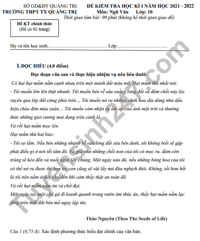 Đề thi học kì 1 THPT TX Quảng Trị 2021 môn Văn 10 