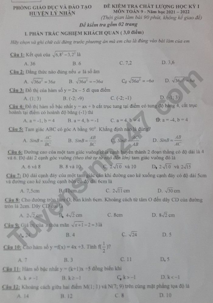 Đề thi kì 1 môn Toán 9 Huyện Lý Nhân năm 2021 - 2022
