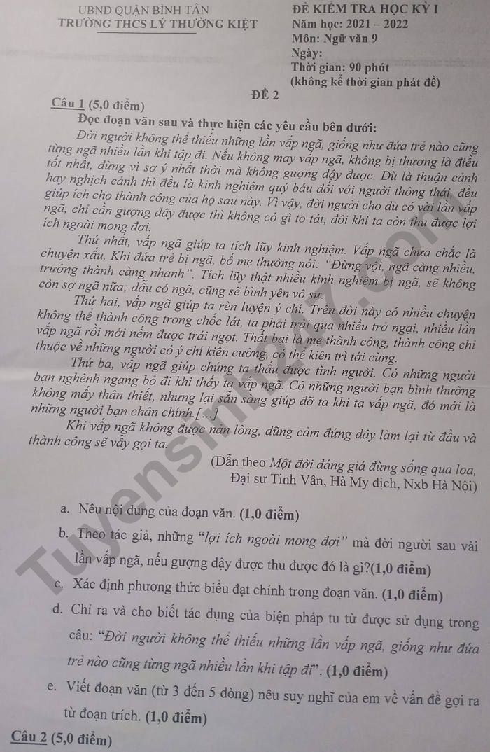 Đề thi học kì 1 Văn lớp 9 THCS Lý Thường Kiệt 2021