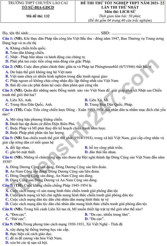 Đề thi thử tốt nghiệp THPT môn Sử 2022 lần 1 - THPT Chuyên Lào Cai