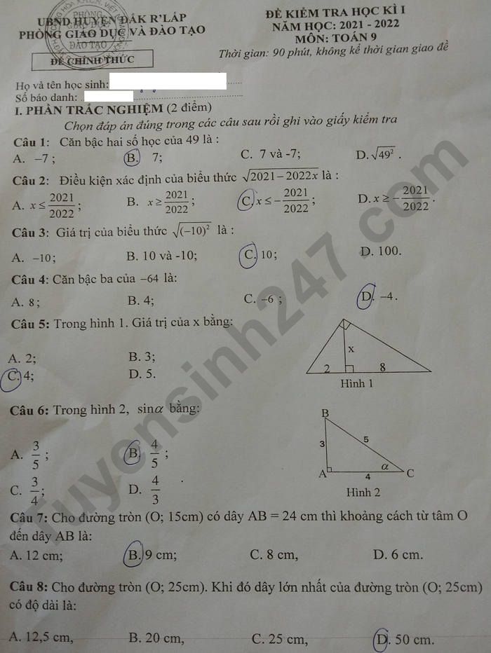 Đề thi học kì 1 Toán 9 Huyện Đắk R'Lấp năm 2021