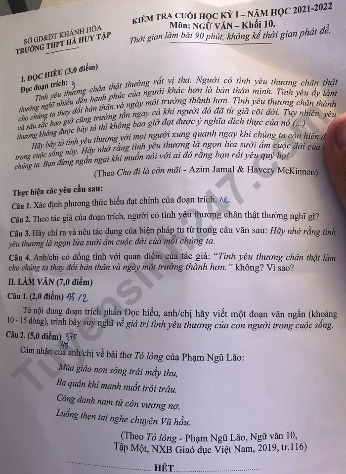 Đề thi học kì 1 năm 2021 THPT Hà Huy Tập lớp 10 môn Văn