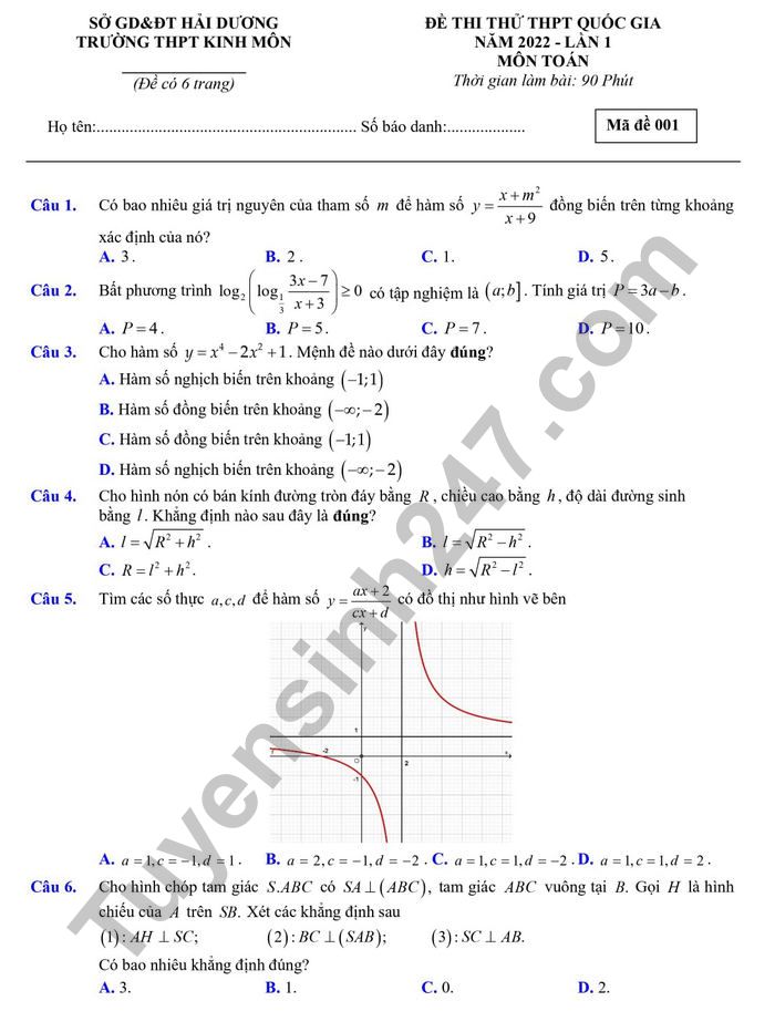 Đề thi thử tốt nghiệp THPT 2022 môn Toán - THPT Kinh Môn lần 1