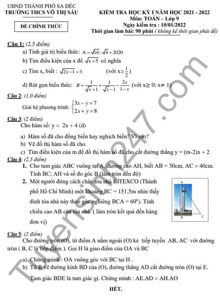 Đề thi học kì 1 lớp 9 năm 2021 THCS Võ Thị Sáu môn Toán 