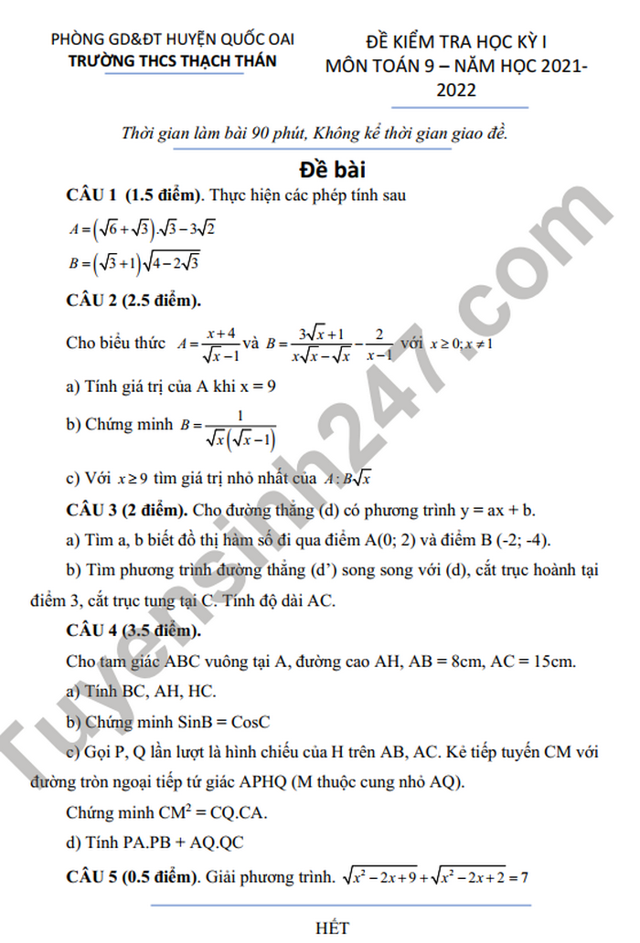 Đề thi học kì 1 năm 2021 lớp 9 môn Toán THCS Thạch Thán
