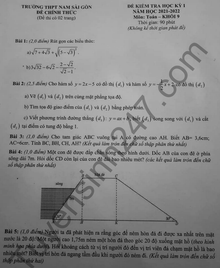 Đề thi học kì 1 môn Toán lớp 9 năm 2021 THPT Nam Sài Gòn