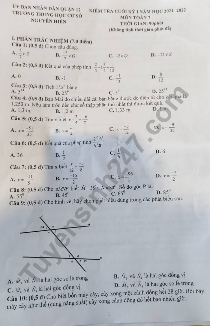 Đề thi học kì 1 năm 2021 THCS Nguyễn Hiền môn Toán lớp 7