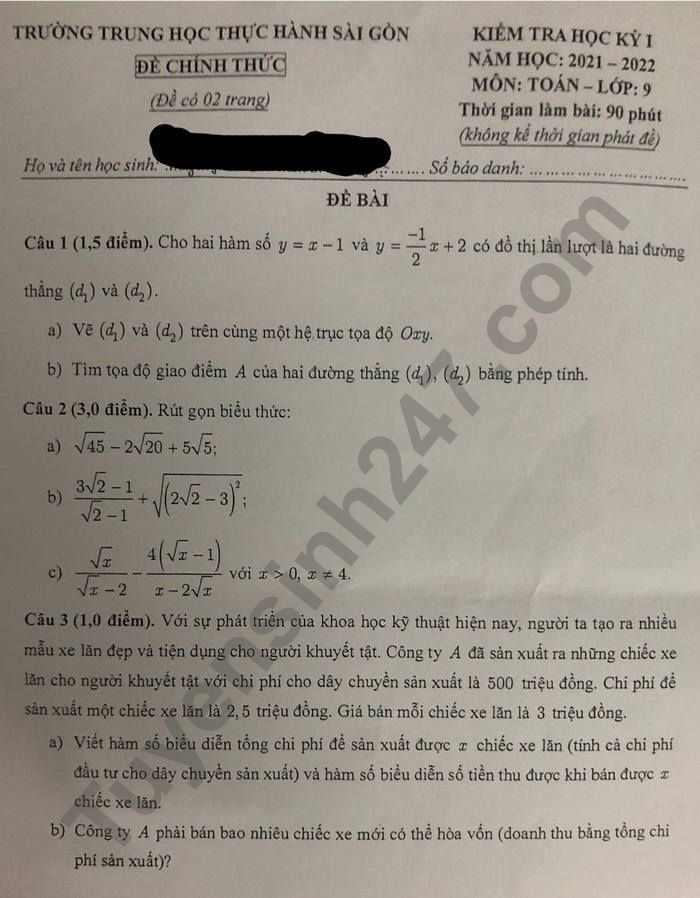 Đề thi học kì 1 - Trung học Thực Hành Sài Gòn 2021 môn Toán lớp 9