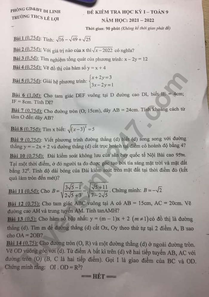 Đề thi học kì 1 môn Toán lớp 9 năm 2021  THCS Lê Lợi