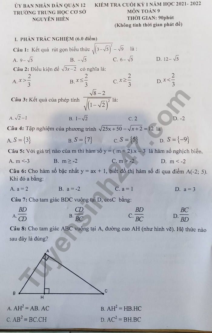 Đề thi học kì 1 THCS Nguyễn Hiền năm 2021 môn Toán lớp 9