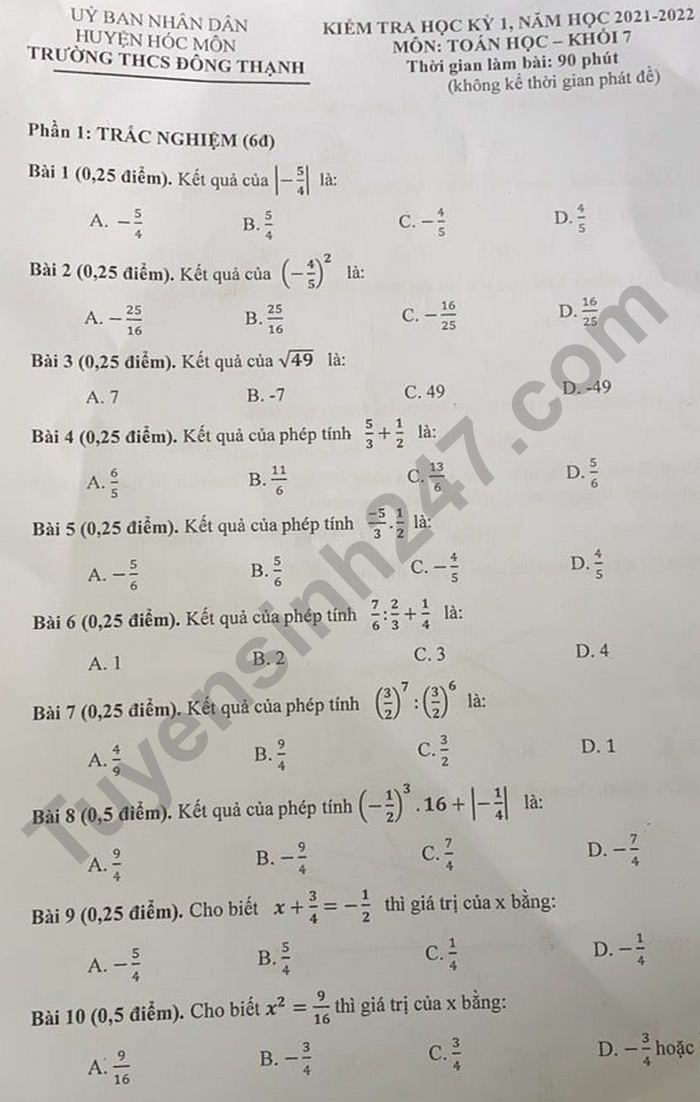 Đề thi kì 1 môn Toán 7 THCS Đông Thạnh năm 2021 - 2022