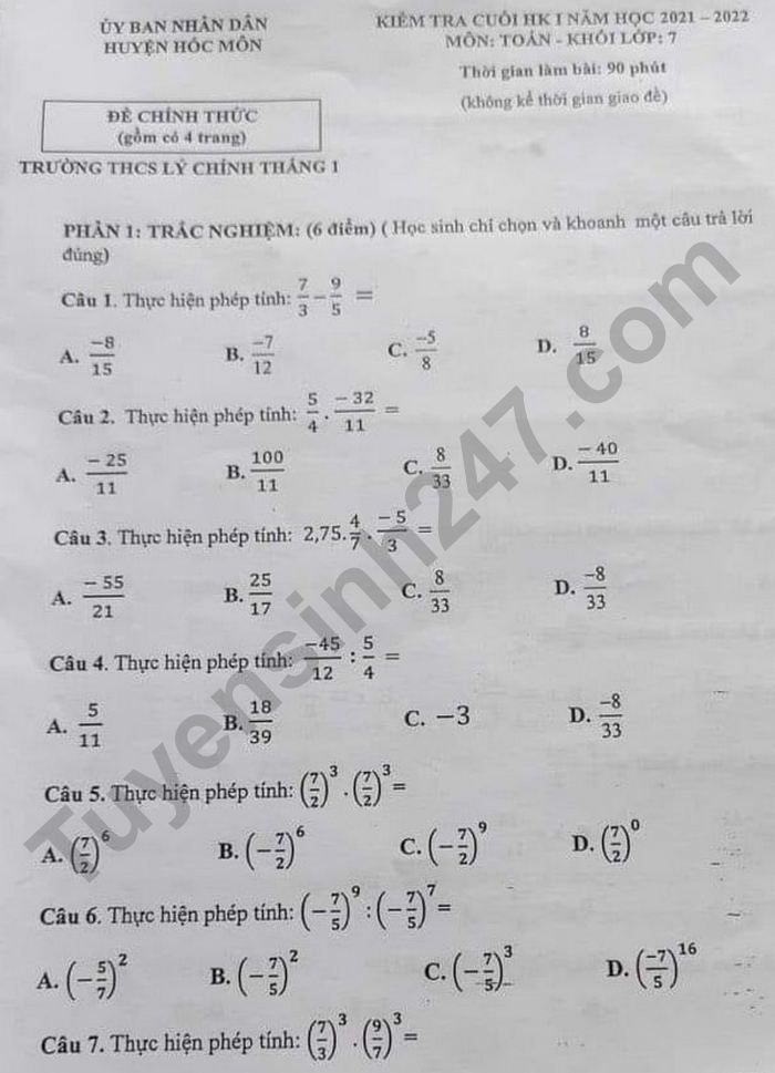 Đề thi học kì 1 THCS Lý Chính Thắng 1 năm 2021 - Toán lớp 7