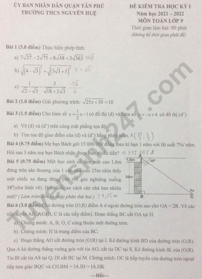 Đề thi học kì 1 lớp 9 môn Toán 2021 THCS Nguyễn Huệ