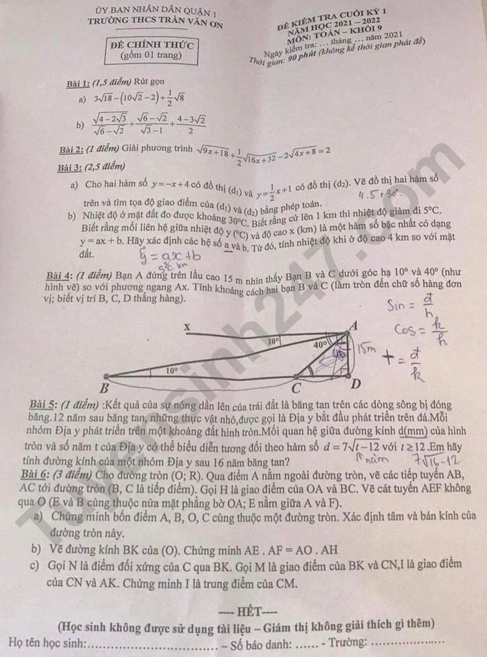 Đề thi học kì 1 năm 2021 THCS Trần Văn Ơn lớp 9 môn Toán