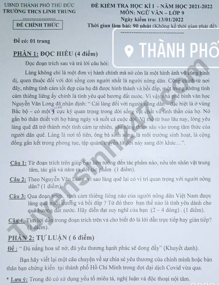Đề thi kì 1 năm 2021 THCS Linh Trung môn Văn lớp 9