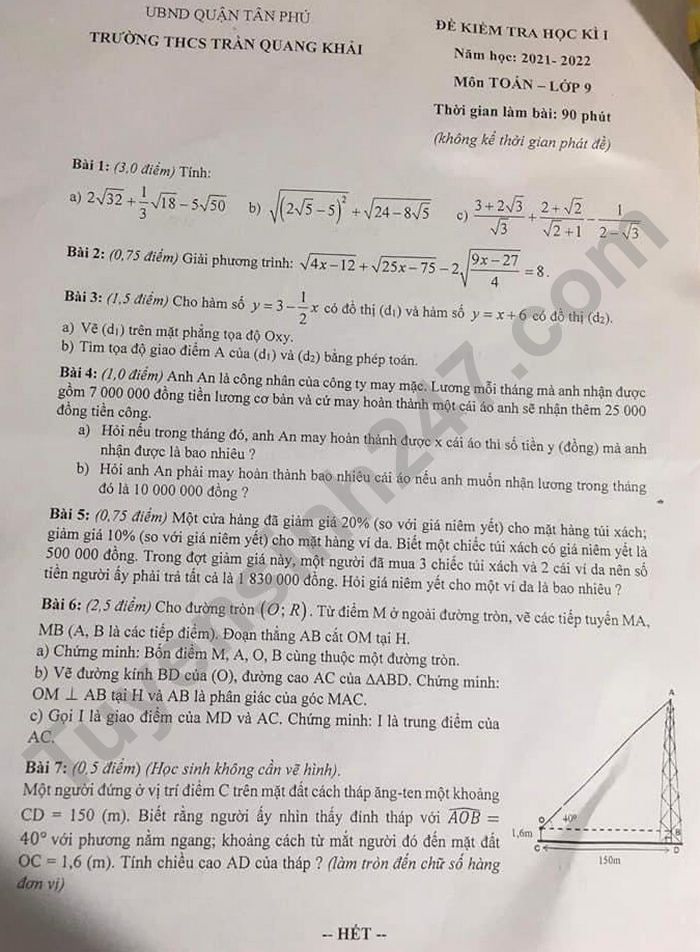 Đề thi kì 1 lớp 9 năm 2021 THCS Trần Quang Khải môn Toán