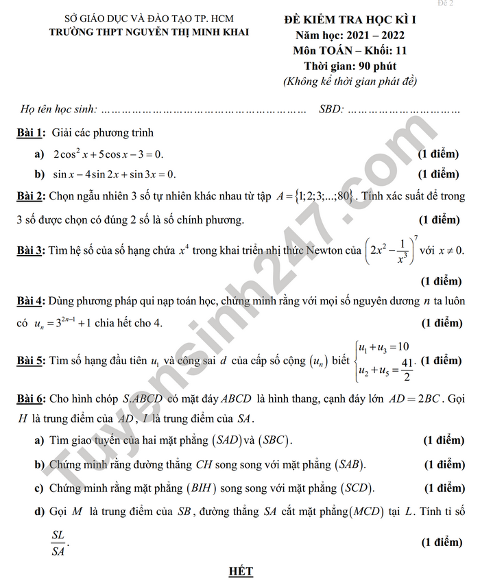 Đề thi học kì 1 môn Toán lớp 11 2021 - THPT Nguyễn Thị Minh Khai