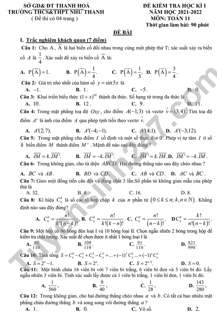 Đề thi học kì 1 môn Toán 11 năm 2021 - THCS và THPT Như Thanh