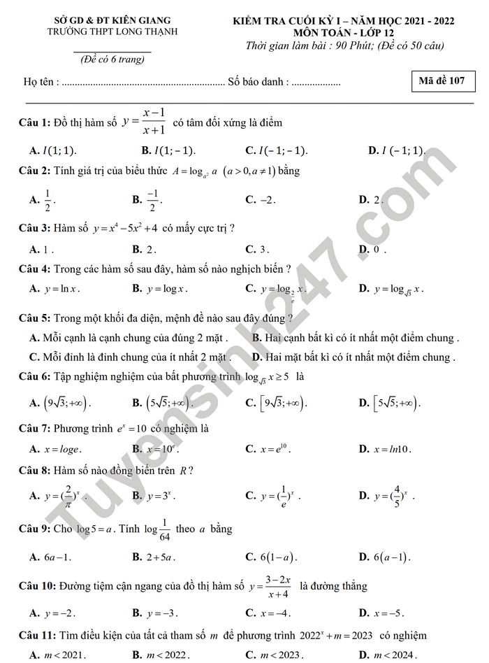 Đề thi học kì 1 THPT Long Thạnh 2021 môn Toán lớp 12 