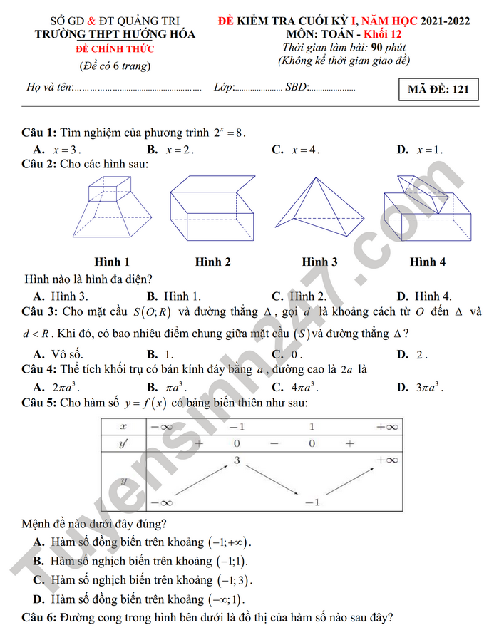 Đề thi học kì 1 năm 2021 môn Toán 12 THPT Hướng Hóa