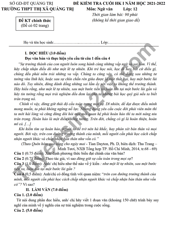 Đề kiểm tra học kì 1 THPT TX Quảng Trị môn Văn 2021 lớp 12