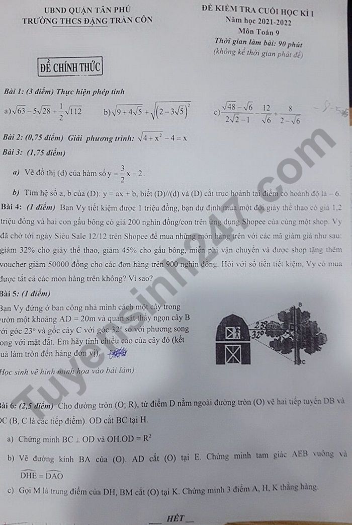 Đề thi học kì 1 môn Toán 9 THCS Đặng Trần Côn 2021