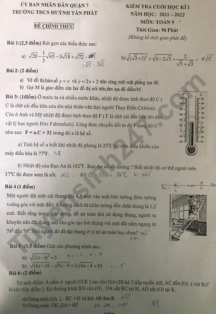 Đề thi cuối kì 1 lớp 9 môn Toán 2021 - THCS Huỳnh Tấn Phát