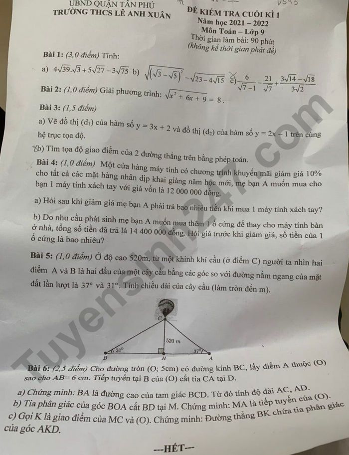 Đề kiểm tra học kì 1 lớp 9 môn Toán 2021 THCS Lê Anh Xuân