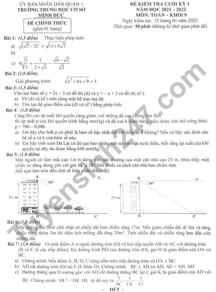 Đề thi kì 1 lớp 9 năm 2021 - 2022 THCS Minh Đức môn Toán