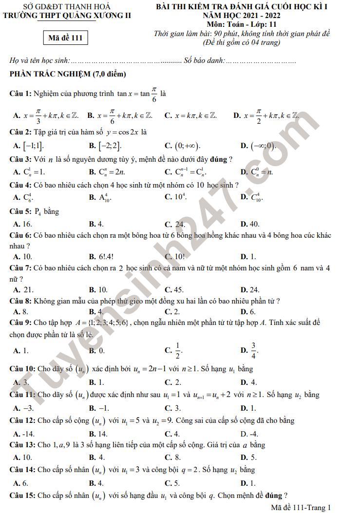 Đề thi học kì 1 lớp 11 môn Toán - THPT Quảng Xương B 2021