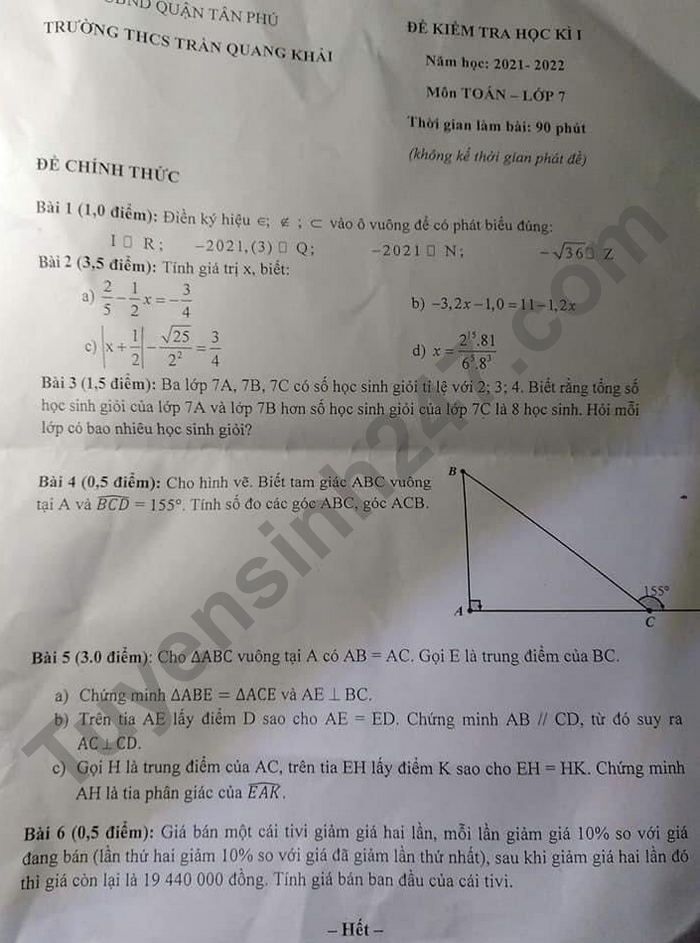 Đề thi kì 1 lớp 7 môn Toán 2021 - THCS Trần Quang Khải