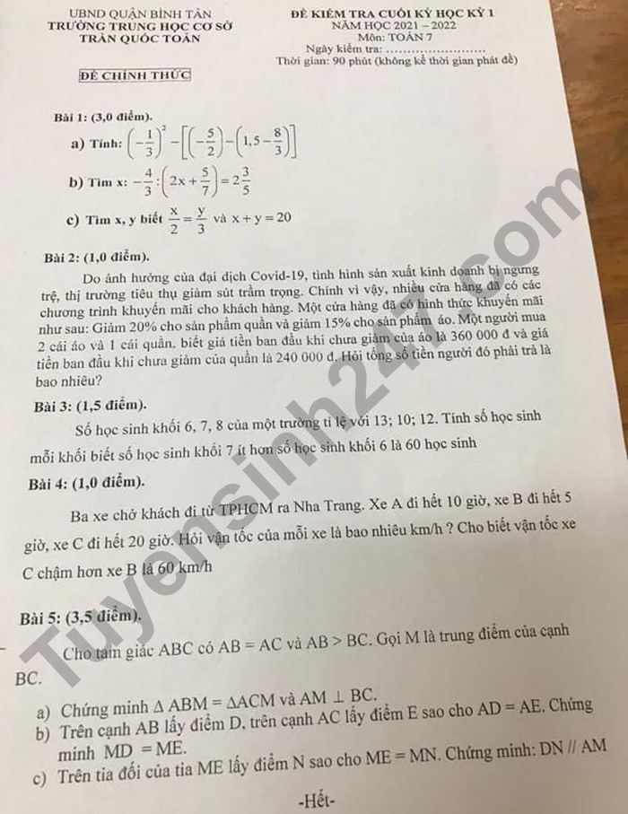 Đề thi học kì 1 lớp 7 môn Toán 2021 - THCS Trần Quốc Toản