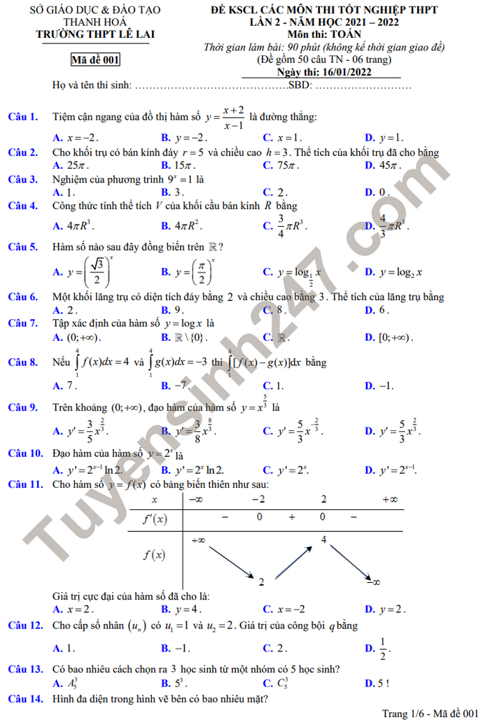 Đề KS thi tốt nghiệp THPT 2022 lần 2 - THPT Lê Lai môn Toán
