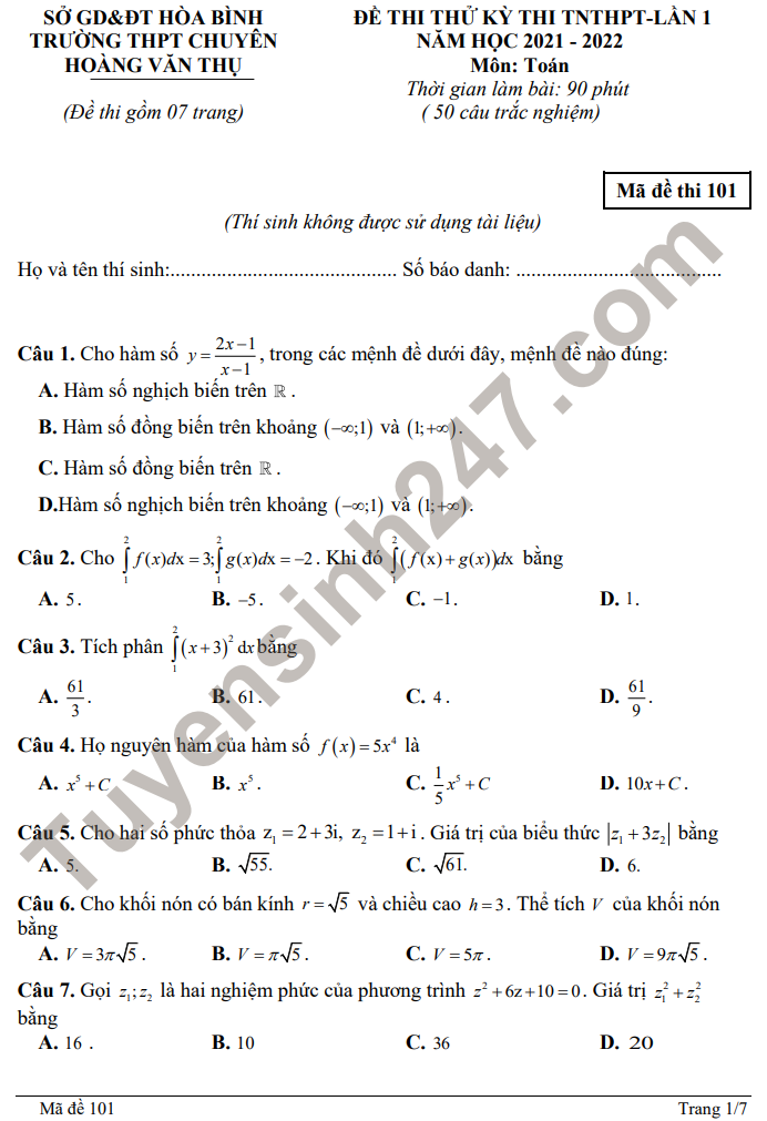 Đề thi thử tốt nghiệp THPT 2022 lần 1 môn Toán - THPT Chuyên Hoàng Văn Thụ