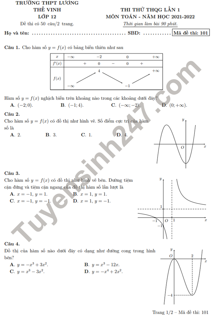 Đề thi thử tốt nghiệp THPT 2022 lần 1 - THPT Lương Thế Vinh môn Toán