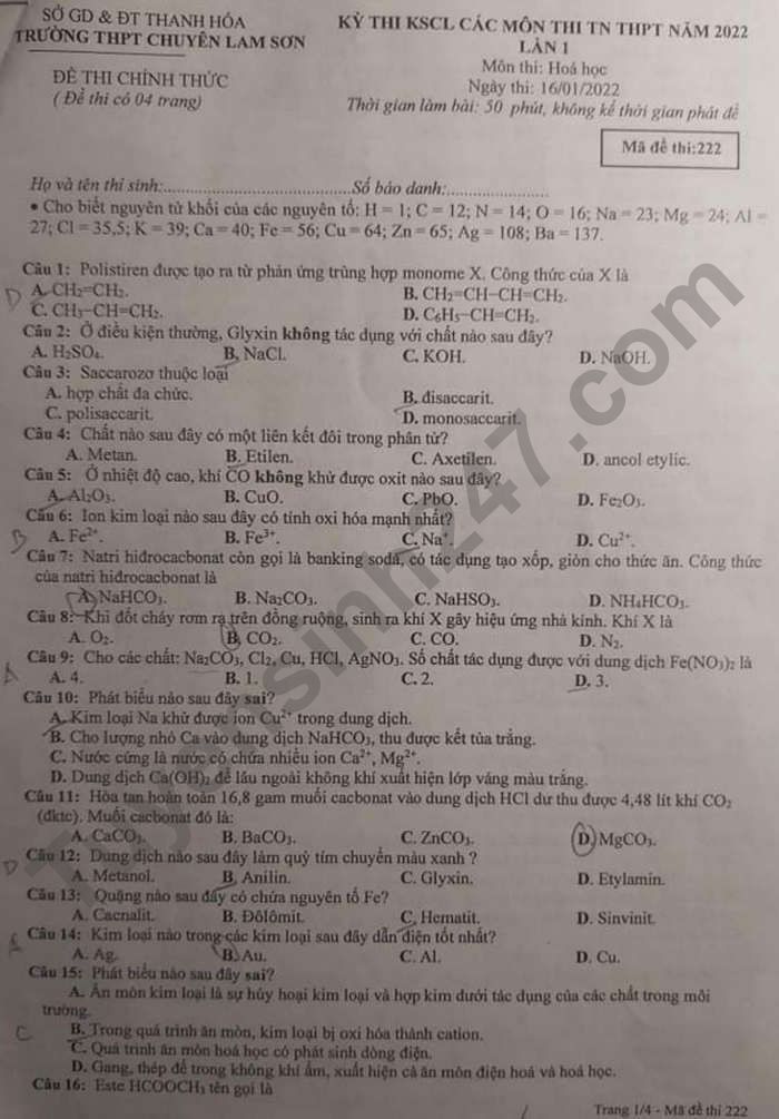 Đề KS thi tốt nghiệp THPT môn Hóa 2022 - THPT Chuyên Lam Sơn lần 1