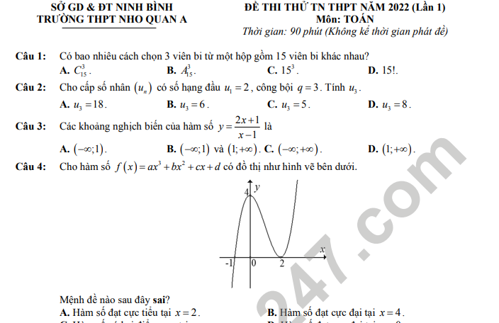 Đề thi thử tốt nghiệp THPT 2022 môn Toán lần 1 - THPT Nho Quan A