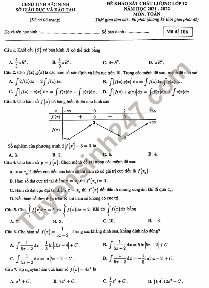 Đề thi khảo sát chất lượng môn Toán lớp 12 năm 2022 - tỉnh Bắc Ninh