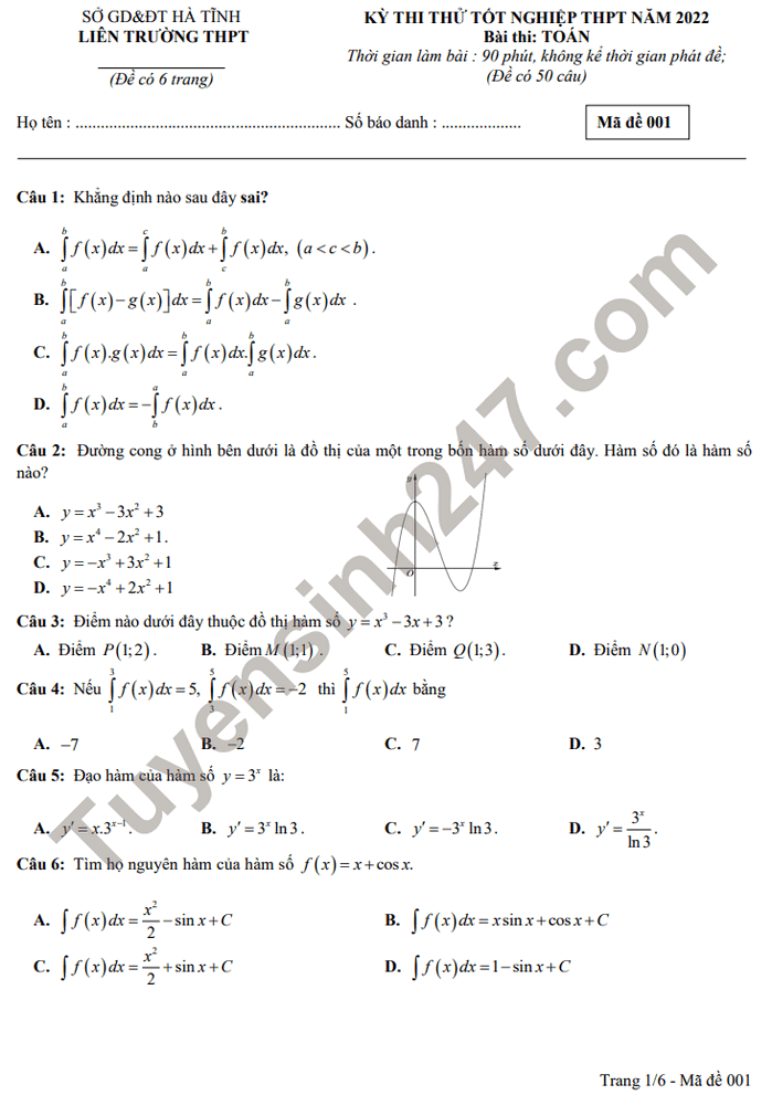 Đề thi thử tốt nghiệp THPT môn Toán 2022 - Liên trường THPT Hà Tĩnh