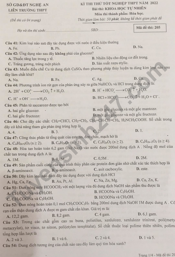 Đề thi thử môn Hóa tốt nghiệp THPT năm 2022 - Liên trường Nghệ An