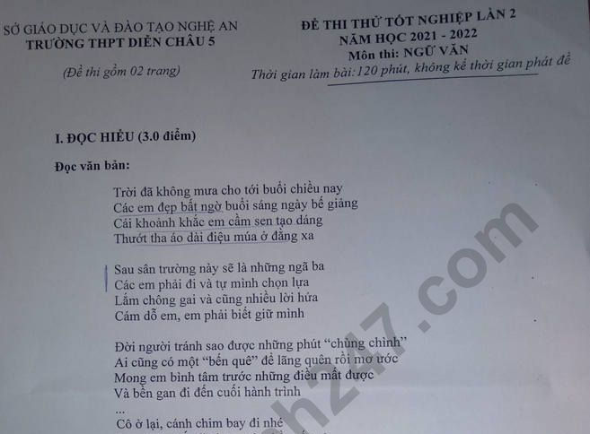 Đề thi thử tốt nghiệp THPT môn Văn lần 2 năm 2022 - THPT Diễn Châu 5