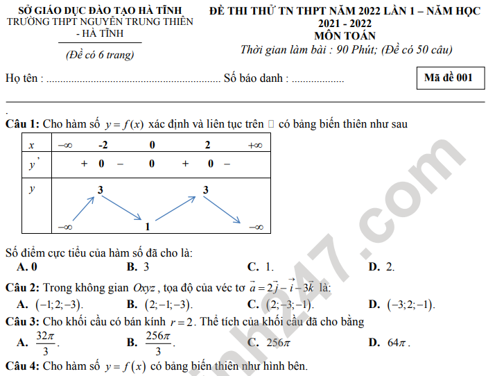 Đề thi thử môn Toán 2022 - THPT Nguyễn Trung Thiên lần 1