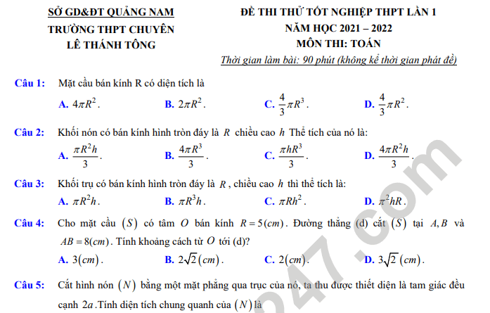 Đề thi thử tốt nghiệp THPT 2022 môn Toán - Chuyên Lê Thánh Tông lần 1