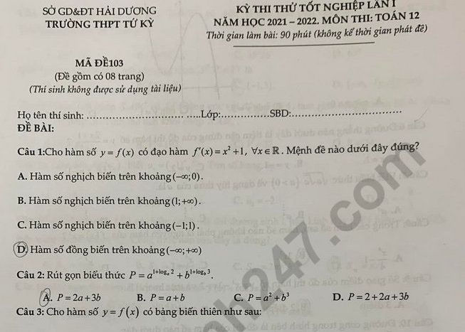 Đề thi thử môn Toán tốt nghiệp 2022 lần 1 - THPT Tứ Kỳ