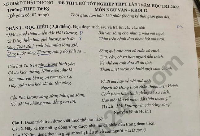 Đề thi thử môn Văn tốt nghiệp THPT 2022 lần 1 - THPT Tứ Kỳ