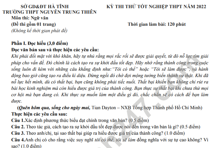 Đề thi thử tốt nghiệp THPT 2022 môn Văn - THPT Nguyễn Trung Thiên lần 1
