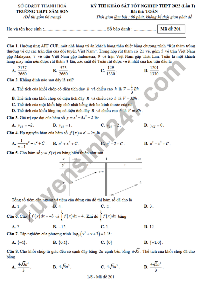 Đề thi thử tốt nghiệp THPT- THPT Sầm Sơn 2022 lần 1 môn Toán