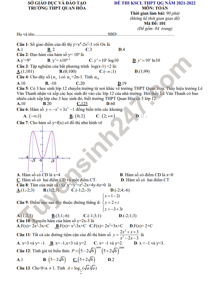 Đề thi thử tốt nghiệp THPT môn Toán 2022 - THPT Quan Hóa 