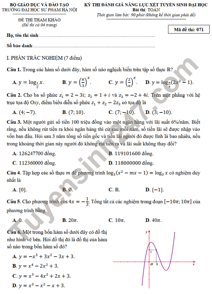 Đề thi tham khảo ĐGNL ĐH Sư phạm Hà Nội 2022 môn Toán