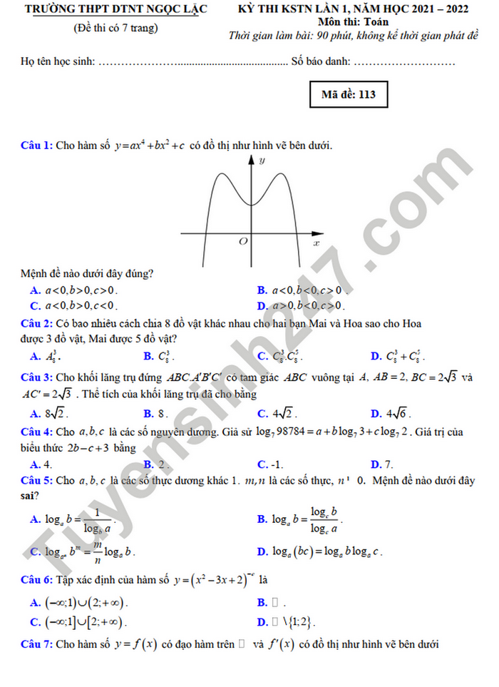 Đề thi thử tốt nghiệp THPT 2022 THPT DTNT Ngọc Lặc lần 1 môn Toán